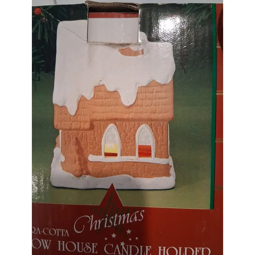 Vintage 1980s 1990s Terracotta Christmas Snow House Votive Candle Holder Box